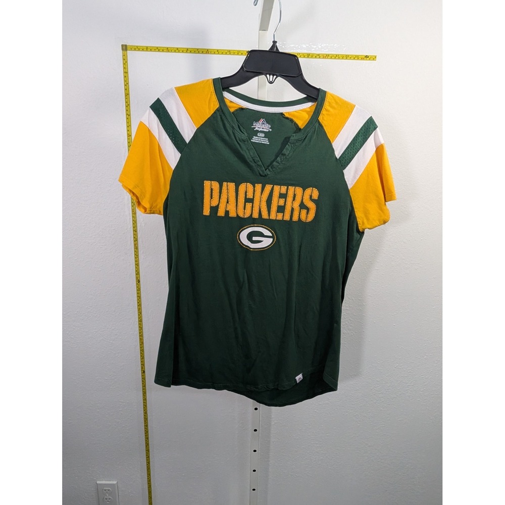 Majestic Green Bay Packers Womens Large V-Neck T-Shirt Green Gold Glitter Logo